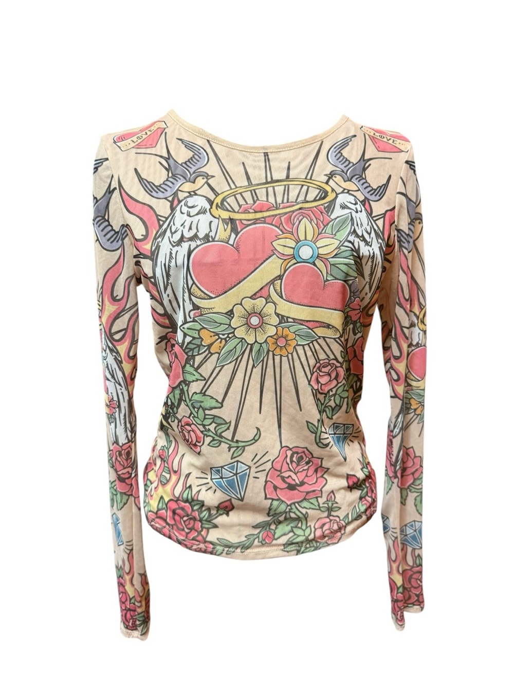 Madden Girl Y2K Graphic Heart & Rose Long Sleeve Juniors Tattoo Top - Beige/Pink